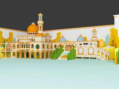 Arabian Style Theme Park Play Equipment With Yellow Domes White Minarets And Green Decorations 3d model