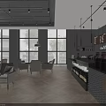 Modern Cafe Interior Design With Open Space Large Windows Gray Sofas Wooden Flooring And Pendant Lights