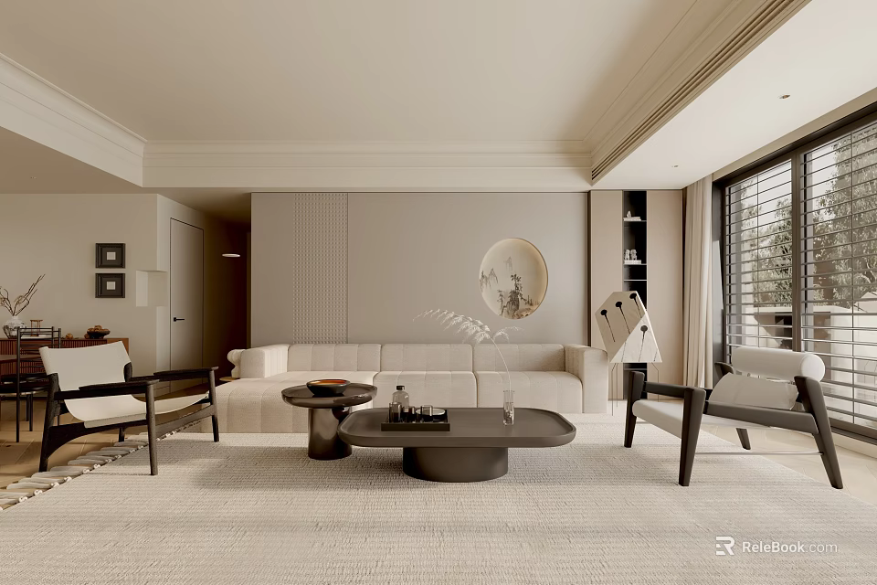 Modern Living Room Interior Design With Beige Sofa Dark Coffee Table And Round Decorative Painting 3d model 