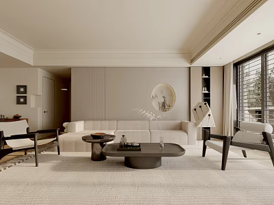 Modern Living Room Interior Design With Beige Sofa Dark Coffee Table And Round Decorative Painting 3d model