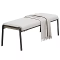 Modern Light Gray Upholstered Bench With Black Metal Frame And Throw Blanket