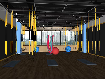 Modern Fitness Studio Interior With Suspension Straps Exercise Balls Yoga Mats And City View 3d model