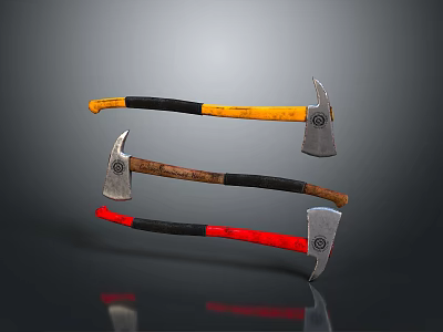 Three Different Axes With Colored Handles And Metal Heads On Dark Background 3d model