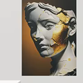 Abstract Modern Painting Of Cracked White Statue Head With Gold Details
