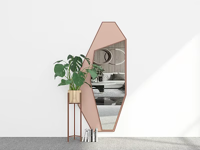 Polygonal Pink Mirror in Modern Living Room with Green Plant and Books 3d model