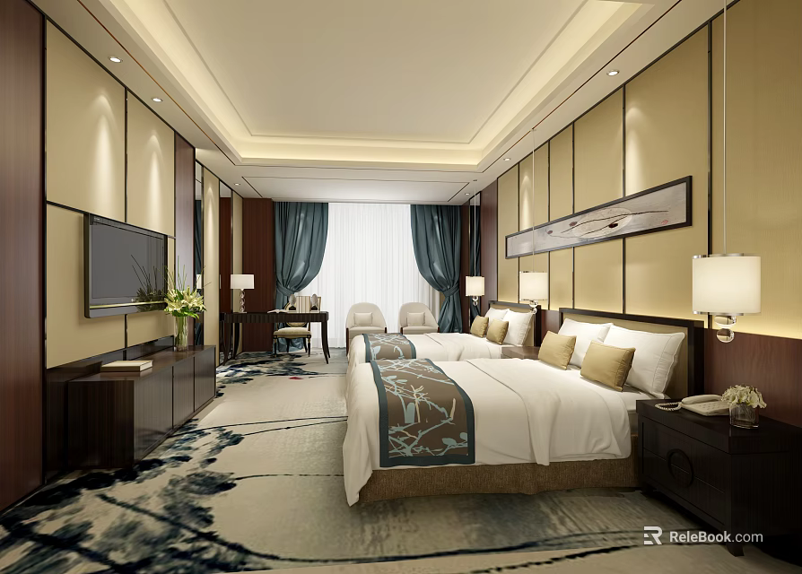 Elegant Hotel Guest Room With Double Bed Nightstands TV And Patterned Carpet 3d model 