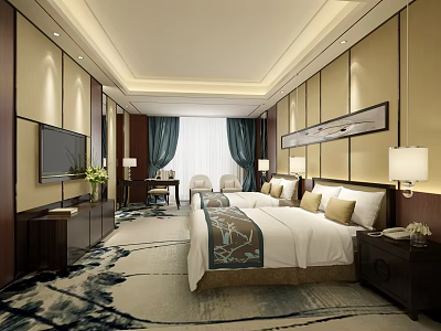 Elegant Hotel Guest Room With Double Bed Nightstands TV And Patterned Carpet 3d model