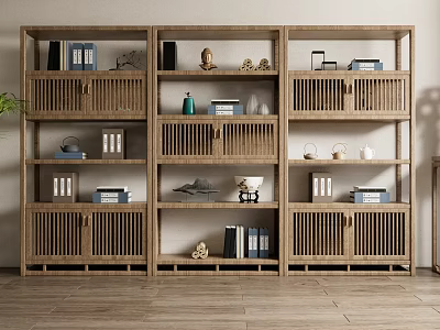 Traditional Chinese Wooden Display Shelf Design With Multi Tiered Lattice Doors And Decorative Items 3d model