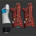 White T shirt with colorful graphic red plaid shirt and gray shorts casual clothing set