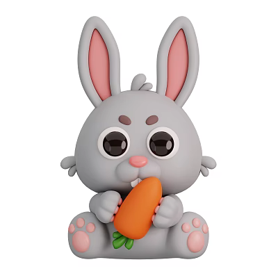 Cute gray rabbit sitting with big eyes pink inner ears and pink paws chewing carrot 3d model