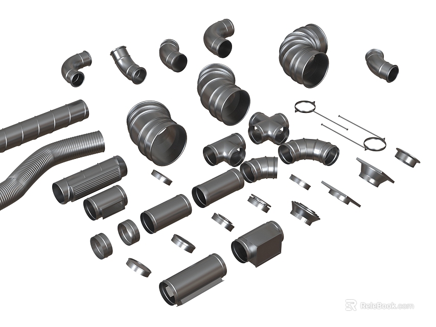 Various Types of Industrial Metal Pipes With Elbow Fittings Straight Sections and Connectors 3d model 