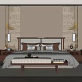 Elegant Double Bed in Modern Bedroom with Wooden Headboard Nightstands Table Lamps and Bench