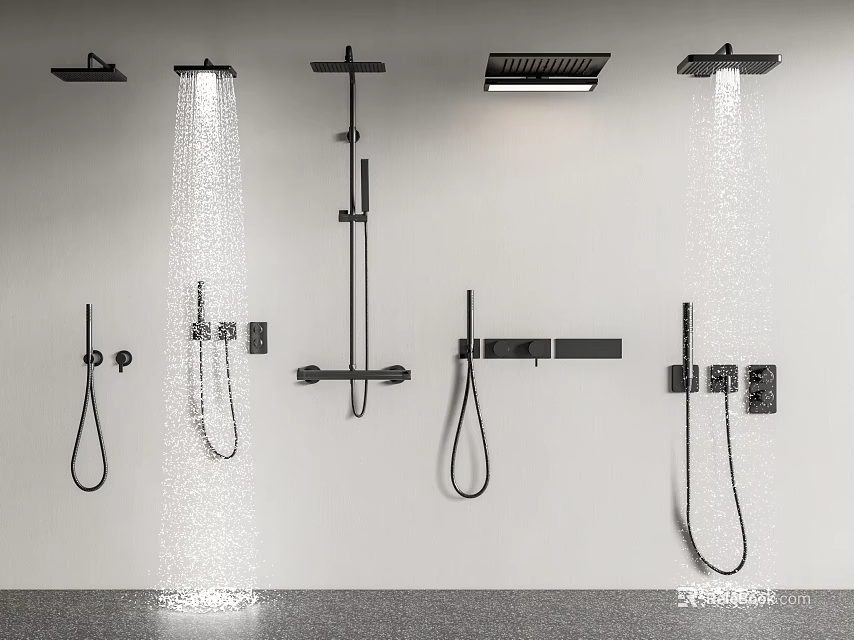 Modern Black Wall Mounted Shower Heads With Various Spray Modes And Handheld Designs 3d model 