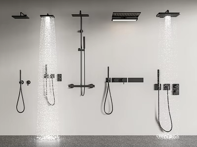 Modern Black Wall Mounted Shower Heads With Various Spray Modes And Handheld Designs 3d model