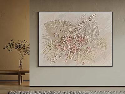 Textured Floral Oil Painting With Pink Roses Green Leaves For Modern Wall Decor Home Interior 3d model