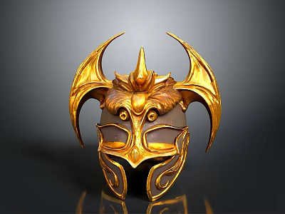 Detailed Golden Helmet Sculpture With Intricate Winged Design And Spiked Top 3d model