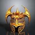 Detailed Golden Helmet Sculpture With Intricate Winged Design And Spiked Top