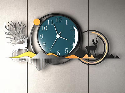 Modern Wall Clock With Deer Decoration Sun Moon And Mountain Design 3d model