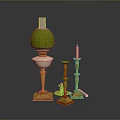 Green Lampshade Table Lamp With Golden Candlesticks Candles And Shiny Decorative Ornaments On Black Background