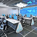 Modern Office Workdesks With Multiple Monitors Tech Background Large Screen And Data Charts 3d model