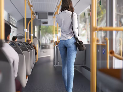 Woman Walking Through Bus Interior Wearing Light Gray Top Blue Jeans And Black Bag 3d model