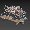 Rustic Vintage Wooden Table With Chair Bench And Old Kitchen Items