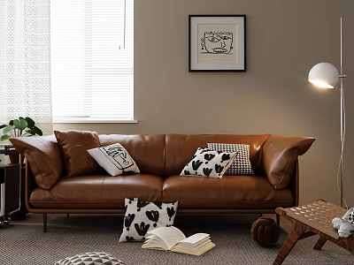 Modern Brown Leather Two Seater Sofa With Black White Throw Pillows Floor Lamp And Potted Plant 3d model