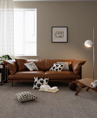 Modern Brown Leather Two Seater Sofa With Black White Throw Pillows Floor Lamp And Potted Plant 3d model