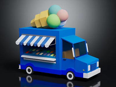 Blue Ice Cream Truck With Striped Awning Waffle Cones And Ice Cream Scoops On Roof 3d model