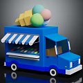 Blue Ice Cream Truck With Striped Awning Waffle Cones And Ice Cream Scoops On Roof