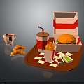 Fast Food Tray Setup With Open Burger Box Fries Drink Coffee Croissant And Checkered Mat