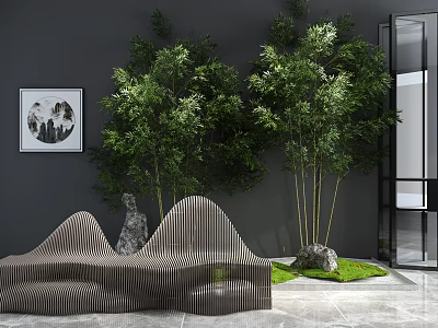 Modern Public Bench With Wavy Design Green Trees Bamboo And Stone Decor 3d model