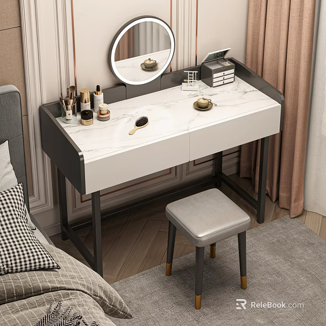Elegant Dressing Table With Marble Top Cosmetics Round Mirror And Matching Stool 3d model 