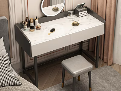 Elegant Dressing Table With Marble Top Cosmetics Round Mirror And Matching Stool 3d model
