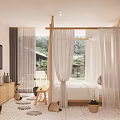 Rustic Bedroom With Wooden Canopy Bed White Curtains Decorative Pillows And Pebble Floor