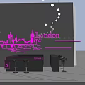 Stylish Black Bar Counter With Pink Neon London Skyline And Bar Stools