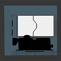 Futuristic Interior Design With Blue Walls Curved Windows Black Sofa And Colored Floor Mats