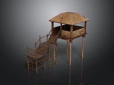 Traditional Bamboo Elevated Structure With Thatched Roof And Wooden Staircase 3d model