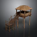 Traditional Bamboo Elevated Structure With Thatched Roof And Wooden Staircase