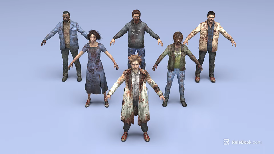 Group of Scary Infected Characters With Tattered Clothes and Open Arms 3D Rendering 3d model 