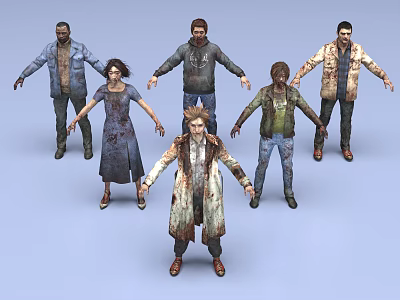 Group of Scary Infected Characters With Tattered Clothes and Open Arms 3D Rendering 3d model