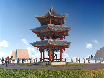 Traditional Chinese Multi Story Red Pagoda With People Around Blue Sky And Grassland 3d model