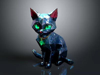 Polygonal Dark Colored Cat 3D Model with Green Eyes Red Ears and Golden Collar 3d model