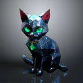 Polygonal Dark Colored Cat 3D Model with Green Eyes Red Ears and Golden Collar