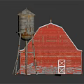 Cartoon Scene of Red Barn With Rusty Metal Roof Water Tower and Ladder