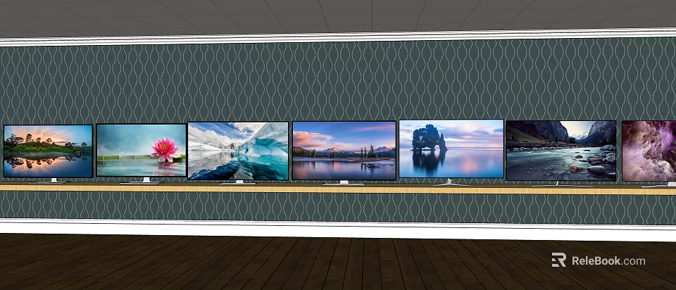 Multiple Modern TVs Displaying Scenic Images On Patterned Wall In Showroom 3d model 