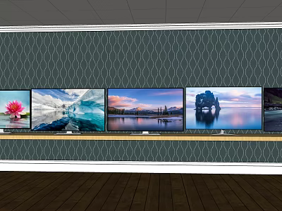 Multiple Modern TVs Displaying Scenic Images On Patterned Wall In Showroom 3d model