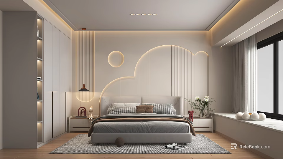 Modern Bedroom Interior Design With Curved Wall Bed Nightstand And Area Rug 3d model 