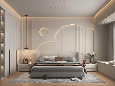 Modern Bedroom Interior Design With Curved Wall Bed Nightstand And Area Rug 3d model