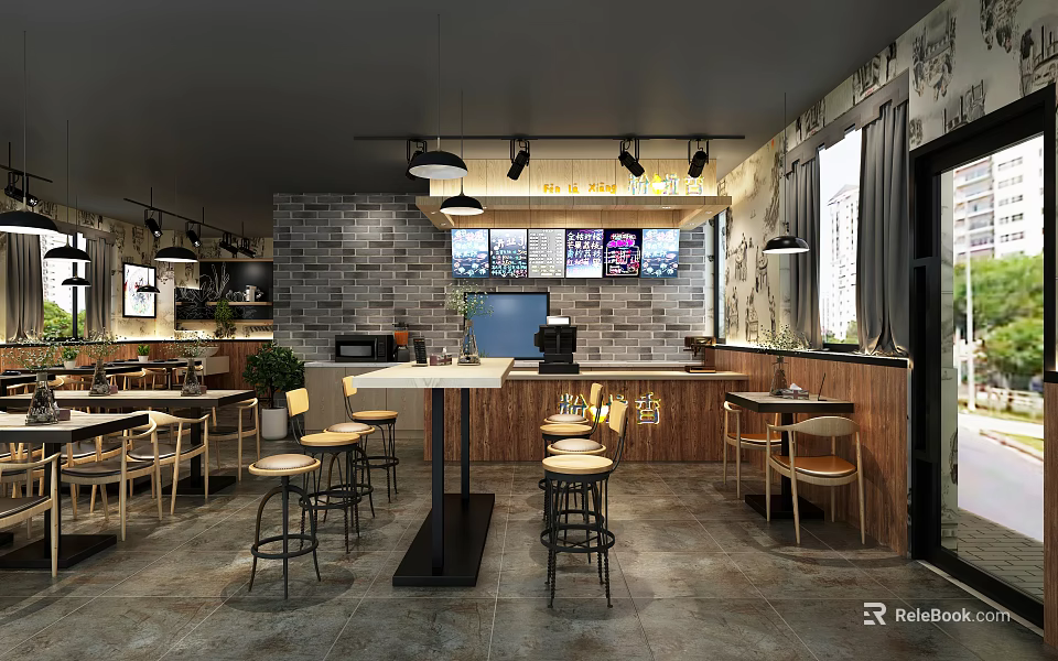 Modern Restaurant Interior With Brick Wall Wooden Counter Pendant Lights And Menu Screens 3d model 